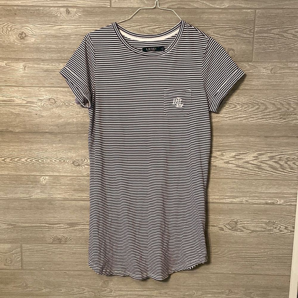 Lauren Ralph Lauren‎ Striped T-Shirt Dress Navy White LRL Monogram Pocket Small